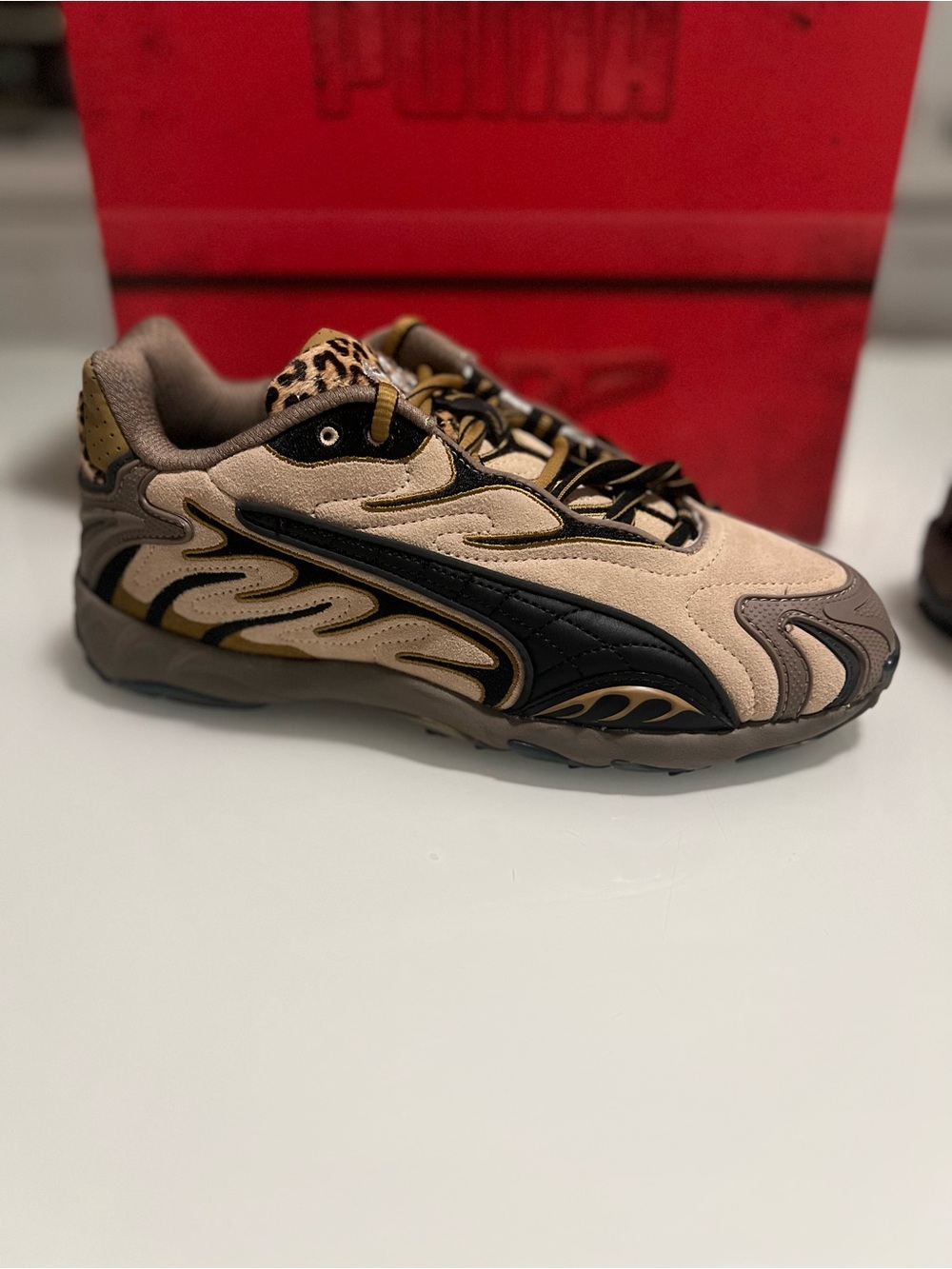 WMNS Puma Beige, Black & Brown Suede Sneakers with Leopard Collar ROCKY Inhale